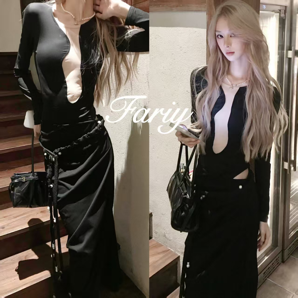 Fariy🍒คลังสินค้าพร้อม🍒 จั๊มสูทสีดำทรงหลวมเข้ารูปรัดรูปเข้ารูปพอดีตัวพร้อมเย็บตะเข็บสั้น แขนยาว เสื้อเชิ้ตแขนยาว