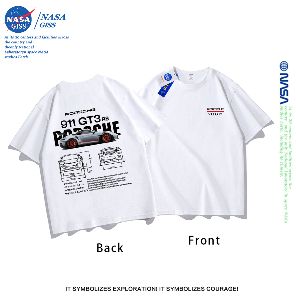 NASA เสื้อยืดชายหญิงแขนสั้น สตรีทฮิปฮอป summer 911GT3 พิมพ์ลาย คอตตอน คอกลม หลวมและระบายอากาศ