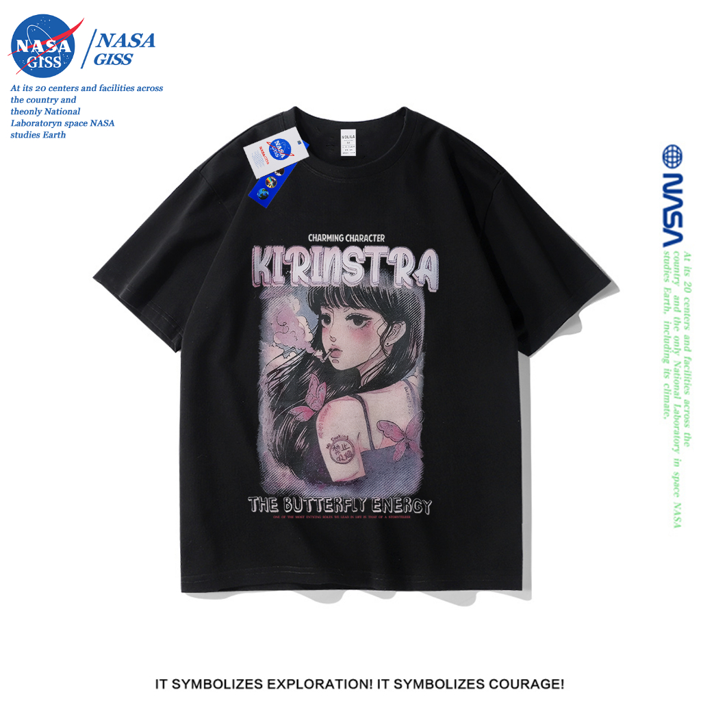 NASA เสื้อยืดชายหญิงแขนสั้น สตรีทฮิปฮอป summer Butterfly Girl พิมพ์ลาย คอตตอน คอกลม หลวมและระบายอากาศ