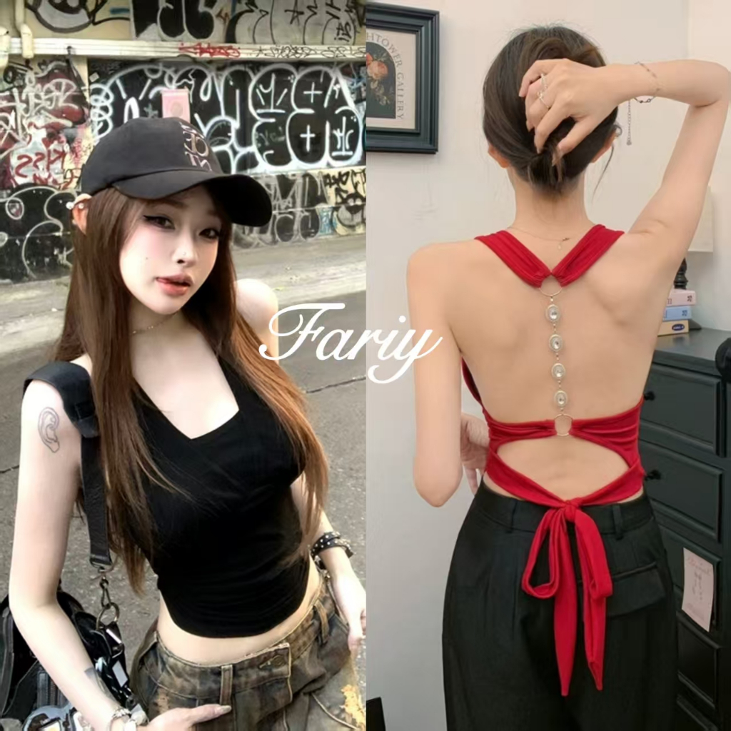 Fariy🍒คลังสินค้าพร้อม🍒 เสื้อกล้ามคอวีสั้นสีดำด้านหลังสวยงามสำหรับผู้หญิงในช่วงฤดูร้อนที่มีสายรัดด้านหลังแบบกลวงเสื้อท่อนบนสุดเซ็กซี่สำหรับเด็กผู้หญิง
