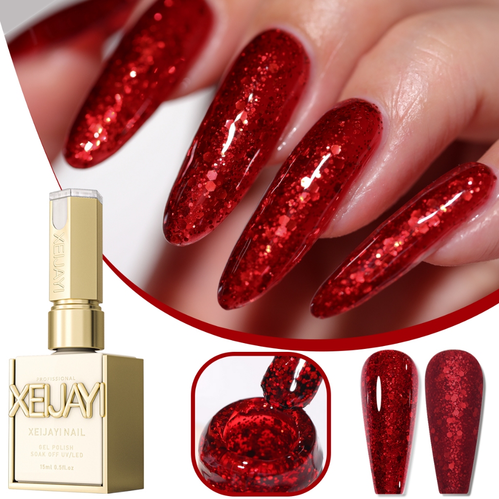 XEIJAYI 15 มล. ยาทาเล็บกลิตเตอร์สีแดงใหม่ เงางามและติดทนนาน เหมาะสำหรับร้านทำเล็บและของขวัญวันหยุด