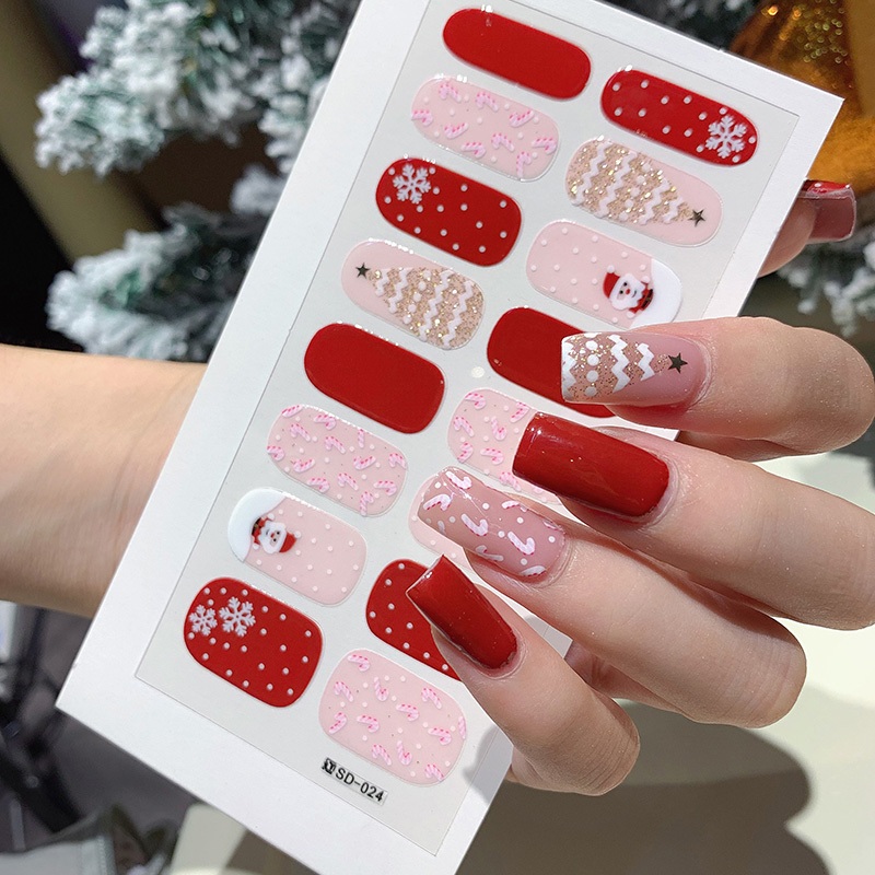UR SUGAR 16Tips สติกเกอร์เล็บคริสต์มาสเกล็ดหิมะ Santa Claus คลุมทั้งหมดเล็บ Wraps Decals DIY เทศกาลความงามตกแต่งเล็บ