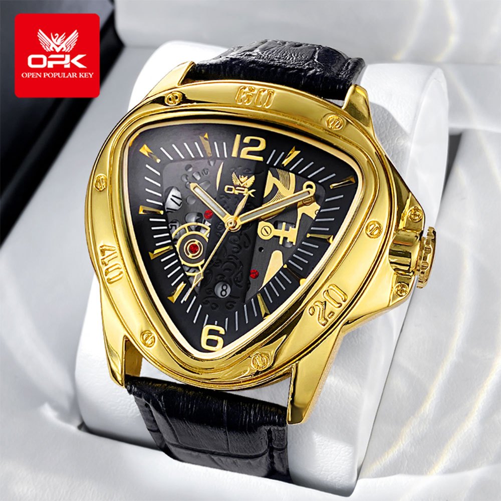 OPK นาฬิกาสําหรับชายกันน้ํา Luminous Gold Quartz หนัง Seiko Luxury Man นาฬิกาของขวัญ 8168
