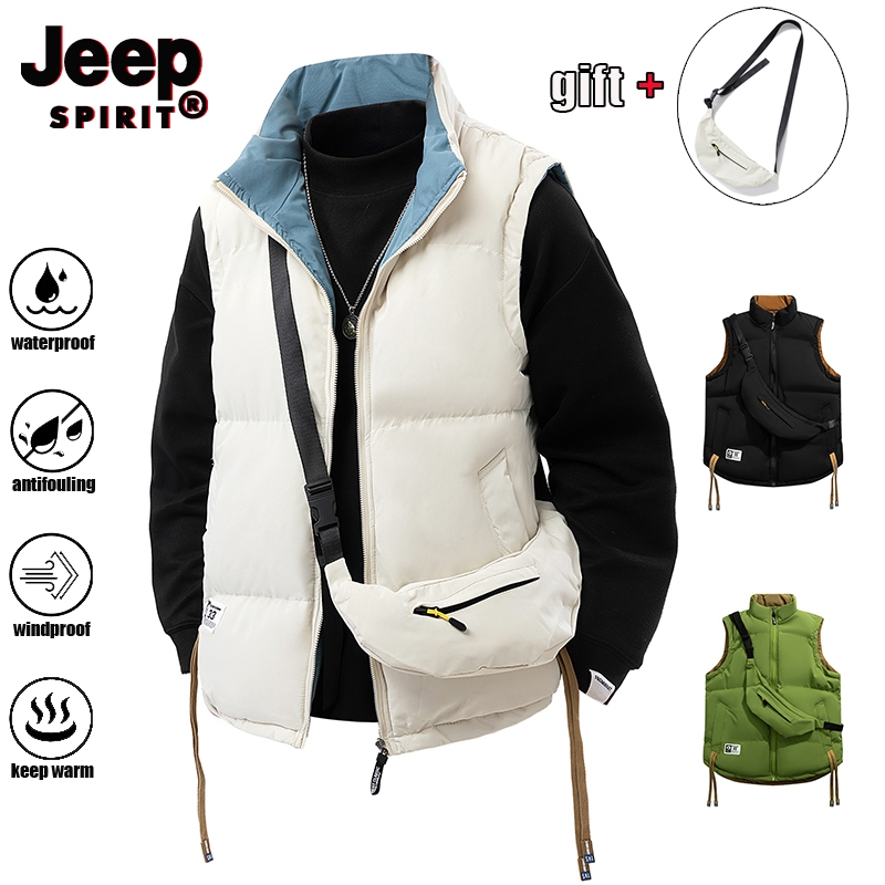 JEEP SPIRIT เสื้อกั๊กกํามะหยี่สองด้านเสื้อกั๊กกันน้ําสีดําหนา