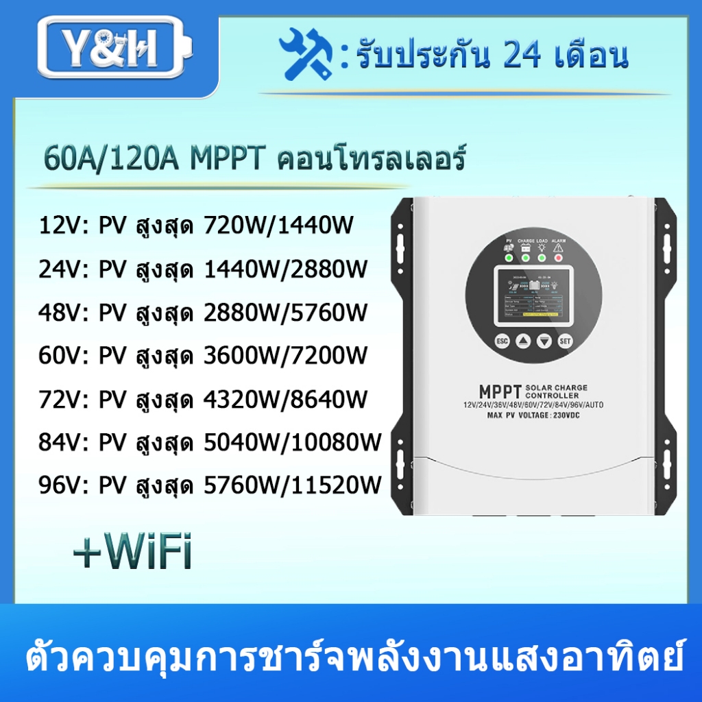 Y&H 60A/120A MPPT ตัวควบคุมการชาร์จพลังงานแสงอาทิตย์ 12V/24V/36V/48V/60V/72V/84V/96V อัตโนมัติ อินพุ