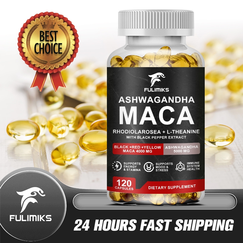 Maca Capsules, พร้อม Ashwagandha Maca Root Rhodiola L-Theanine เพื่อความสดใสและความยาวเหมาะสําหรับผู้ชายใช้ผลิตภัณฑ์เสริมอาหาร 120 แคปซูล