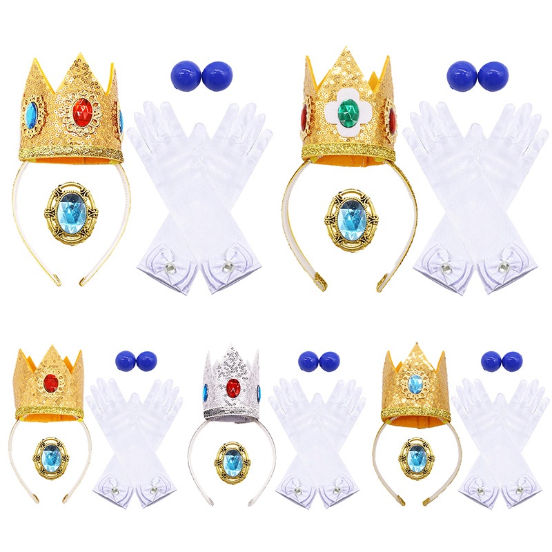 Princess Peach Crown อุปกรณ์เสริมชุด Princess Crown ถุงมือต่างหูเข็มกลัดสําหรับเด็กผู้หญิงแต่งตัว