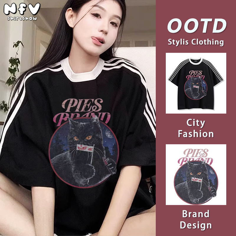 NFV มาใหม่✨เสื้อยืดแขนสั้นผ้าฝ้ายแท้ ลายแมวน่ารัก แนวอินเทรนสไตล์เกาหลี oversize YG400