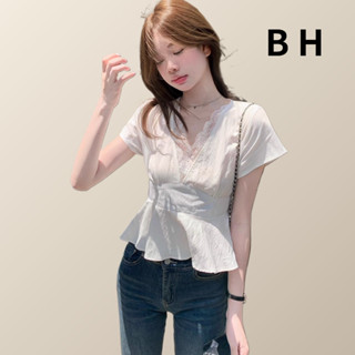 เสื้อท็อปผ้าฝ้ายสำหรับผู้หญิง สไตล์เกาหลี แขนสั้น คอวี มีลวด…