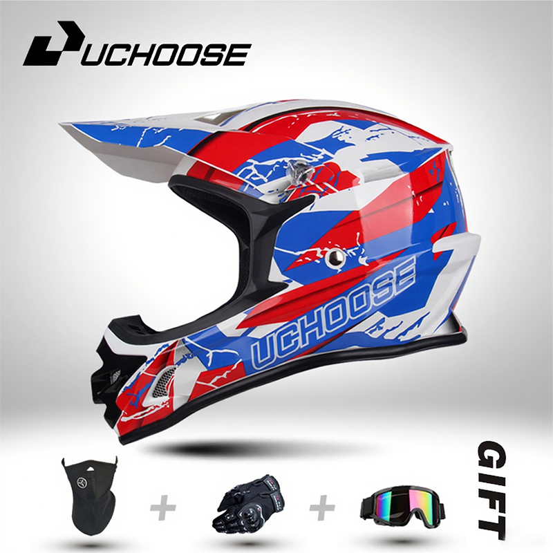 UCHOOSE หมวกกันน็อคออฟโรดรถจักรยานยนต์ถุงมือฟรี + มาส์กหน้า + สลับจักรยานเสือภูเขาขี่จักรยานครอบคลุม