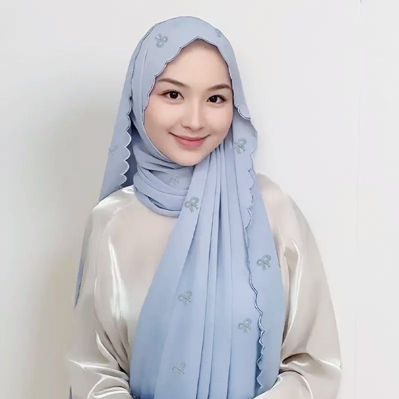 Jifang คุณภาพสูงเย็บปักถักร้อย Bow Knot เพชรชีฟองผ้าคลุมไหล่ Pashmina สาวหวาน Slum Bacu Curve Brim งานแต่งงานมุสลิม Hijabs ผ้าคลุมไหล่ QT20
