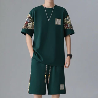 M-5XL ไซส์ใหญ่ ชุดเซ็ทผู้ชาย ใส่หน้าร้อน แห้งเร็ว เทรนด์แฟชั่น เสื้อเชิ้ตผู้ชาย+กางเกงขาสั้นผู้ชาย ชุดสองชิ้น