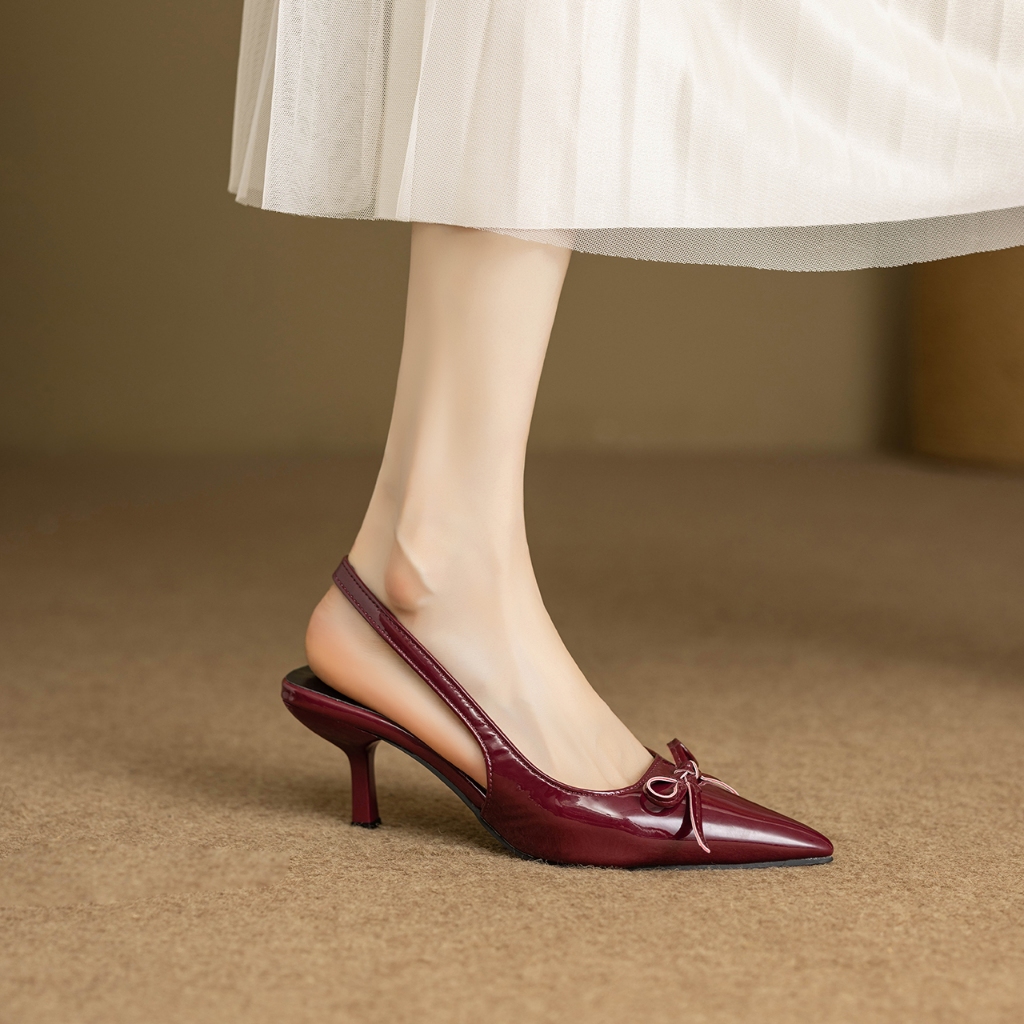 รองเท้าส้นเตี้ยสไตล์ slingback สำหรับผู้หญิง ปลายแหลม ดีไซน์พิเศษ มีโบว์ตกแต่ง สวมใส่ได้ทั้งงาน party และออฟฟิศ
