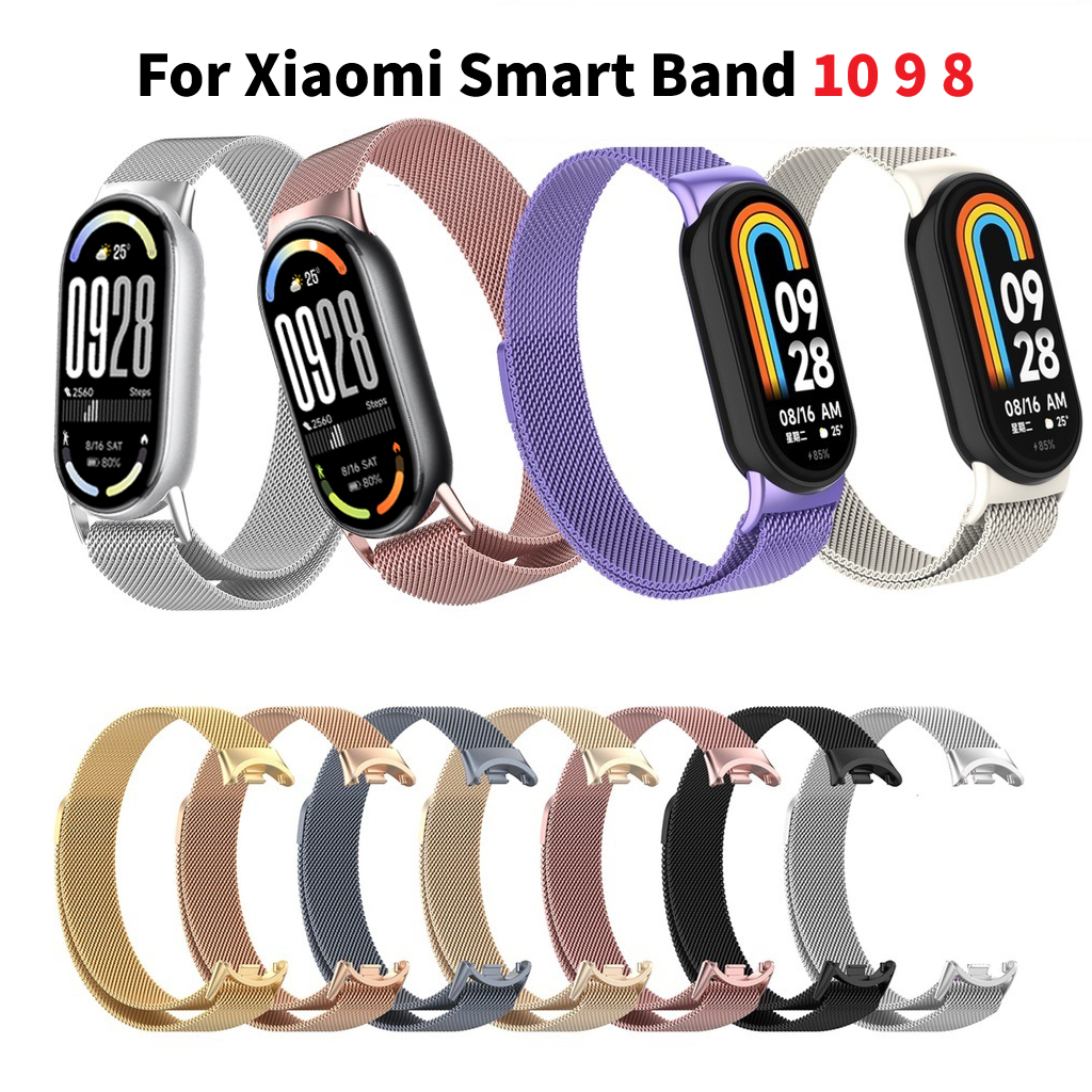 สาย Milanese สําหรับ Xiaomi Smart Band 10 9 8 NFC สแตนเลสสําหรับ Miband 8 9 10 NFC Mi band นาฬิกาเปลี่ยนสร้อยข้อมือห่วงแม่เหล็กสายรัดข้อมือสมาร์ท