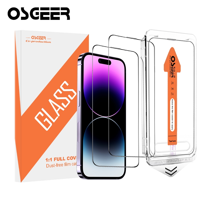 OSGEER 2 แพ็คสําหรับ iPhone 11 12 13 14 15 16 16e Pro Max ปกป้องหน้าจอ, ฟิล์มกระจกนิรภัยแบบเต็มครอบคลุม [กําจัดฝุ่นอัตโนมัติ] ติดตั้งง่าย