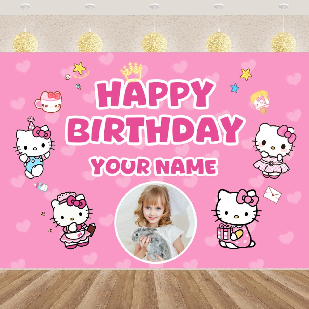 Hello Kitty Theme แบนเนอร์วันเกิดที่กําหนดเองชื่อฉากหลังผ้าพิมพ์ Tapestry สุขสันต์วันเกิดตกแต่งสําหรับเด็ก