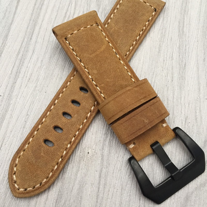 แทนที่ Panerai สายนาฬิกาหนังแท้ Handmade Crazy Horse สายหนัง PAM Panerai นาฬิกา 24 มม.อิตาเลี่ยน Cow