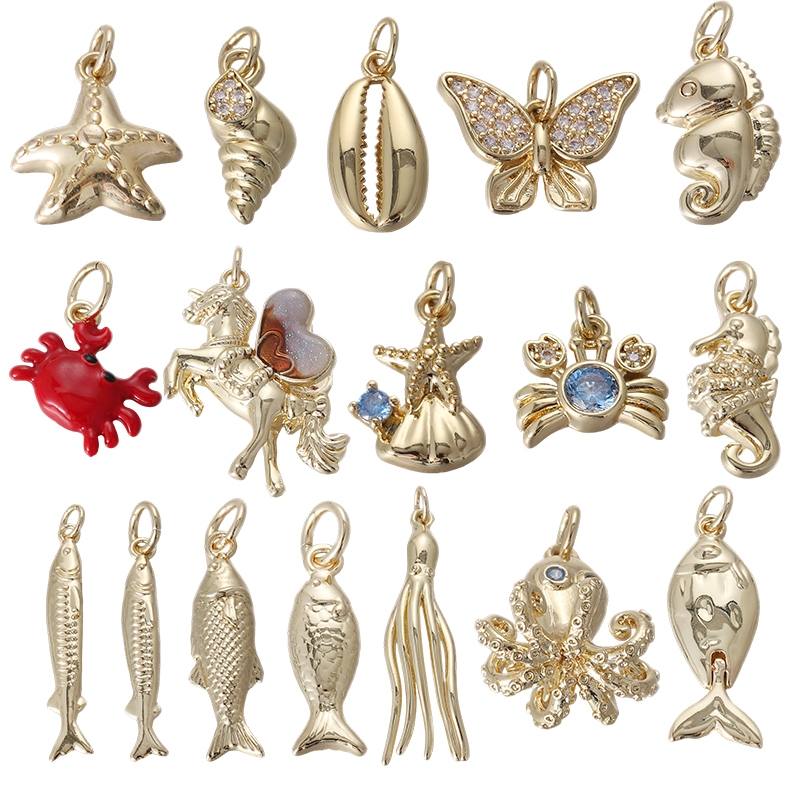 สัตว์ Charms สำหรับ DIY สร้อยข้อมือและสร้อยคอ แบบทะเล เช่น กบินทรีย์ หอย และม้าน้ำ