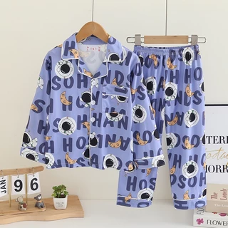 ชุดนอนเด็กแขนยาว nightie Boy ชุดนอนปกสําหรับ 10 - 11 ปีชุดนอนเด็กผู้ชาย