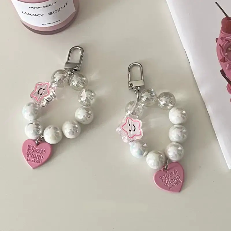 Ins Pearl Smiley Face Chain น่ารัก DIY เคสโทรศัพท์แขวนตกแต่งพวงกุญแจ