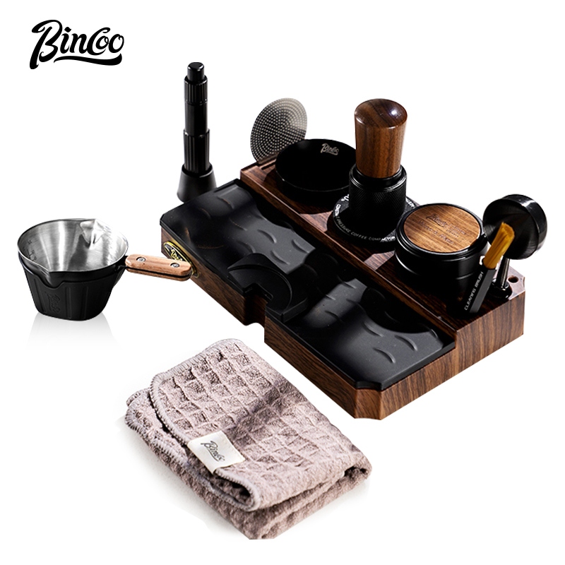BINCOO Woodgrain ฐานมัลติฟังก์ชั่นคงที่ผงกดค้อนชุดผ้าผงเอสเปรสโซชุดฐานจัดเก็บ 51 มม./58 มม.