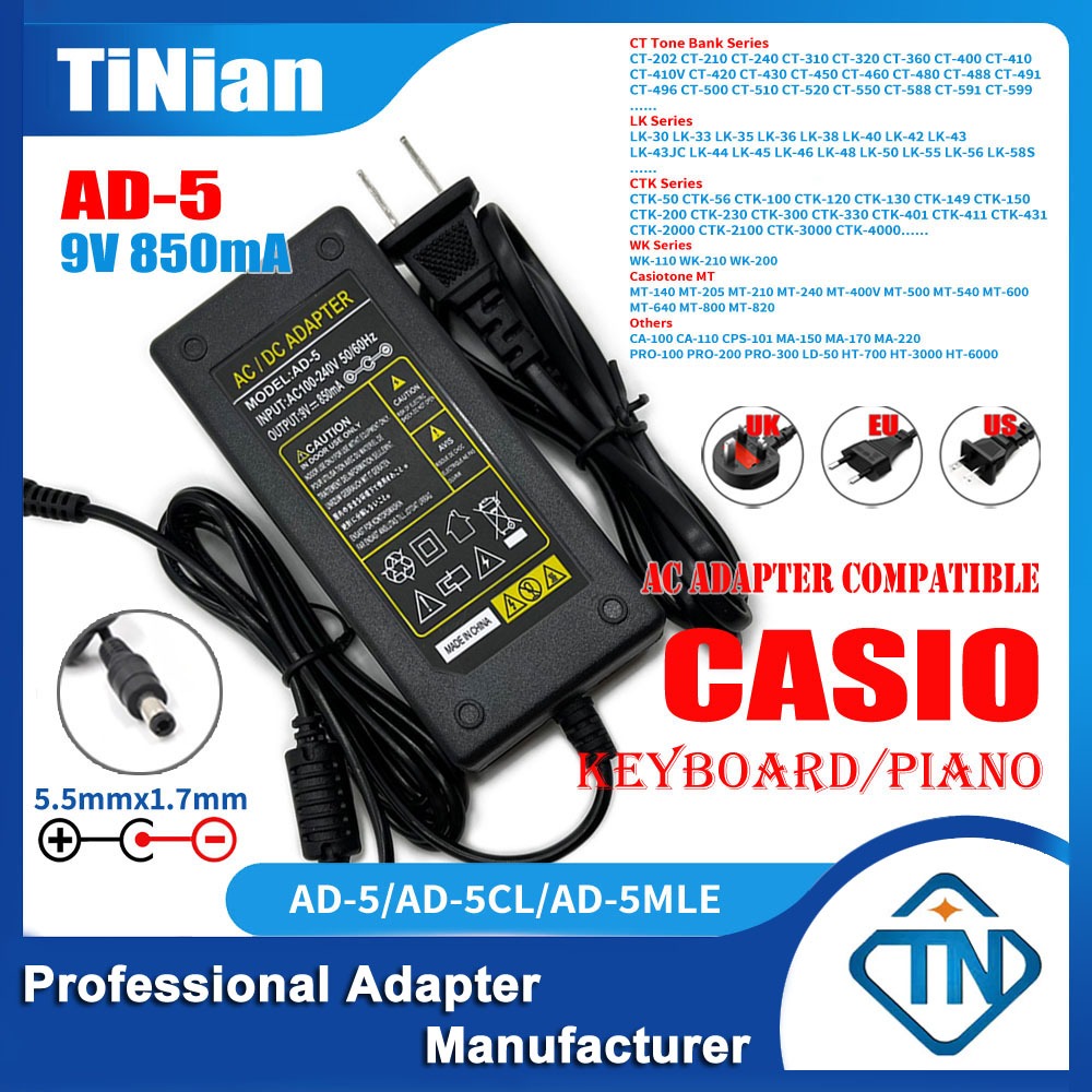 อะแดปเตอร์พาวเวอร์ซัพพลาย 9V 850mA AD-5CL AD-5 สําหรับคีย์บอร์ดเปียโนไฟฟ้า CASIO CTK-451 471 800 810 900 CTK-2000 CT 588 670 LK 110 100