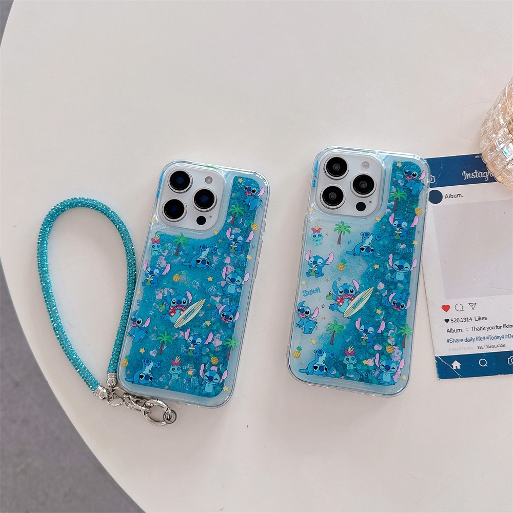 IPhone 16 Pro Max 15 Plus 14 12 13 11 Surfing Character Patterned Glitter Liquid Bling Quicksand Case Cover พร้อมสายคล้องมือ