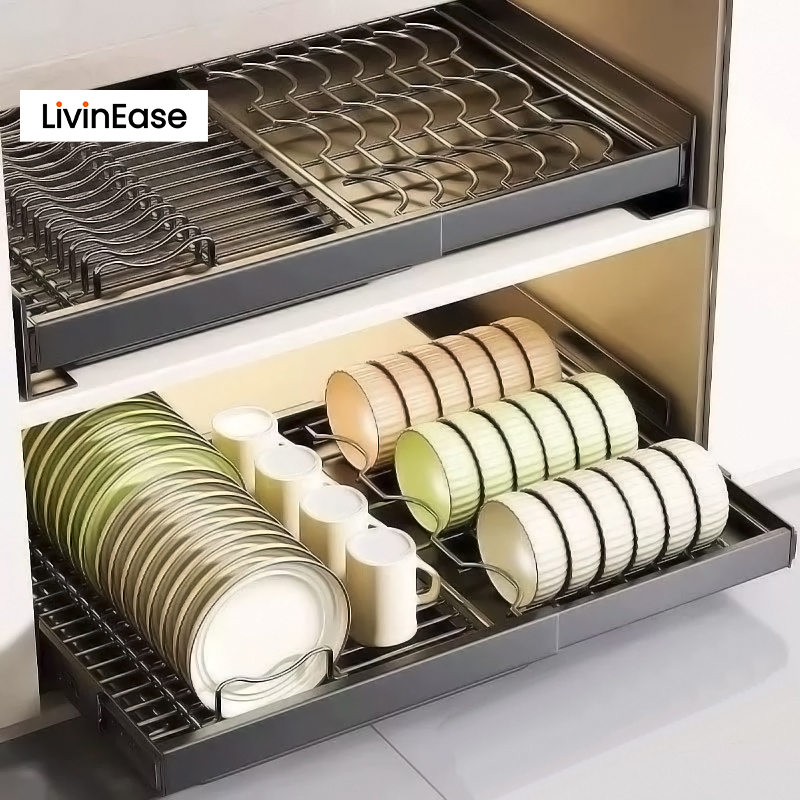 LivinEase ลิวินเอเซ่⭐การติดตั้งแบบไม่เจาะ⭐ตะกร้าแบบดึงออกแบบปรับได้สแตนเลส StorageRack ตู้ชั้นวางจานพร้อมถาดน้ํา
