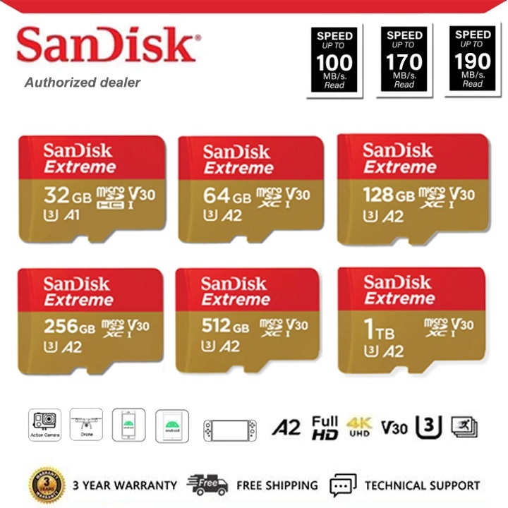 (ส่งด่วน) SANDISK Extreme Game Micro SDcard 32/64/128/256GB (190MB) UHS-I V30 U3 A2 Memory card Nintendo  UHS-I V30 4K U3 C10 A2 SDcard แท้ Memory card 128 GB MICRO SD CARD (ไมโครเอสดีการ์ด)