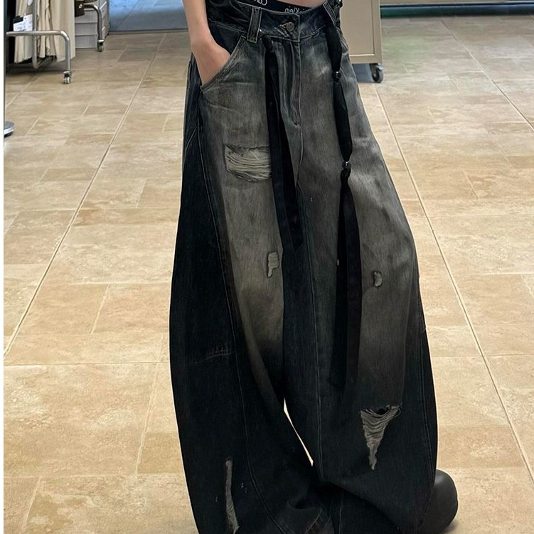 บางย้อนยุคของอเมริกัน กางเกงยีนส์ทรงหลวมขากว้างแบบฉีกจากแบรนด์ Zixia