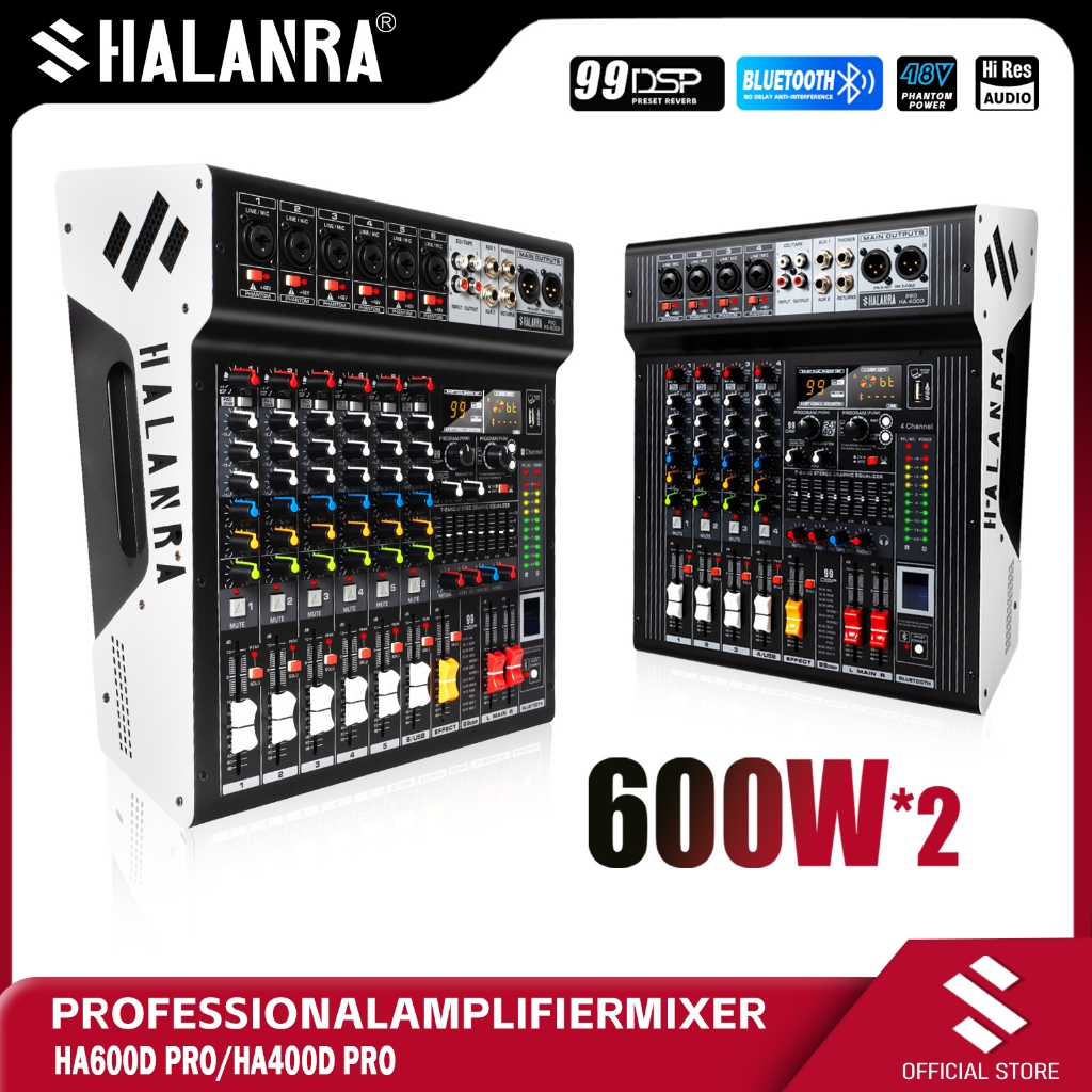 SHALANRA HA-600D PRO เพาเวอร์มิกเซอร์ 600W+600W มิกเซอร์ 6 ช่อง รองรับ Bluetooth/USB/mp3 เอฟเฟกต์ DS