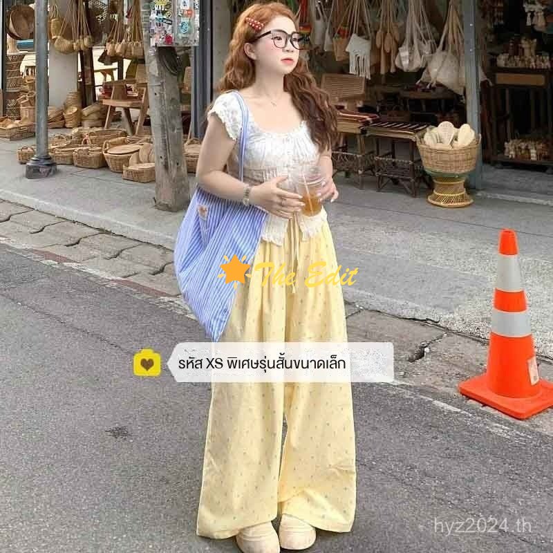 พร้อมส่ง กางเกงขากว้างทรงตรงสีเหลืองลายจุด ออกแบบใหม่ให้สวมใส่ง่ายในฤดูร้อน