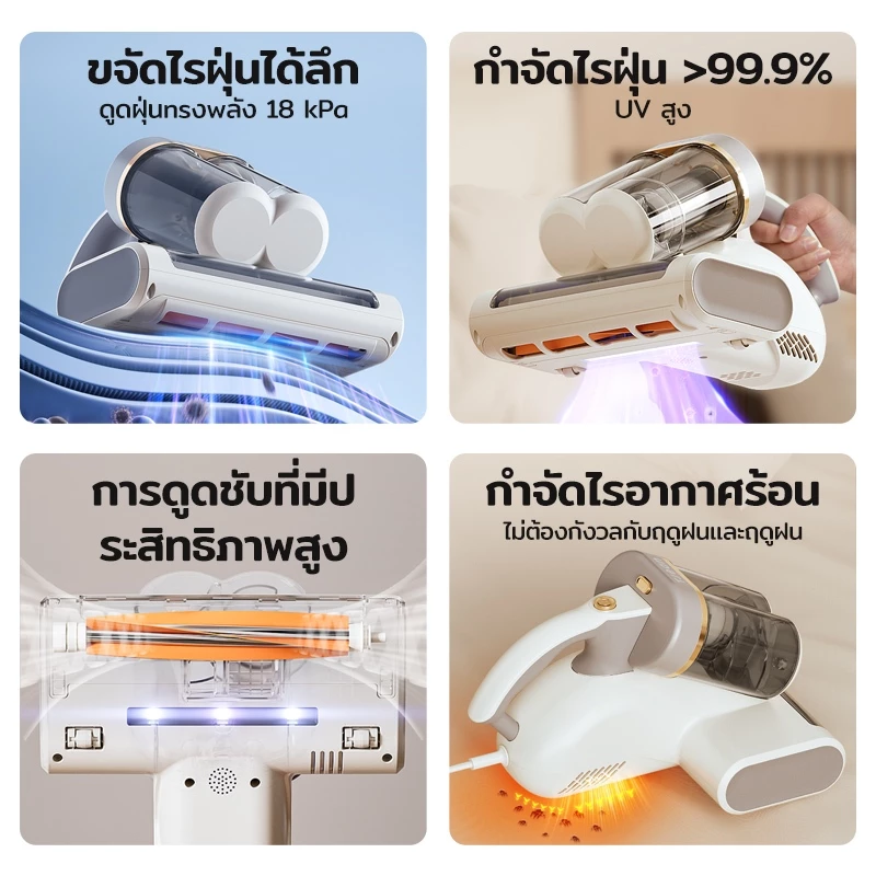 TJean เครื่องดูดไรฝุ่น การออกแบบถ้วยคู่ 18Kpa  เครื่องดูดฝุ่นที่นอน  แบบใช้มือถือ ฆ่าเชื้อด้วยแสง UV thumbnail 5