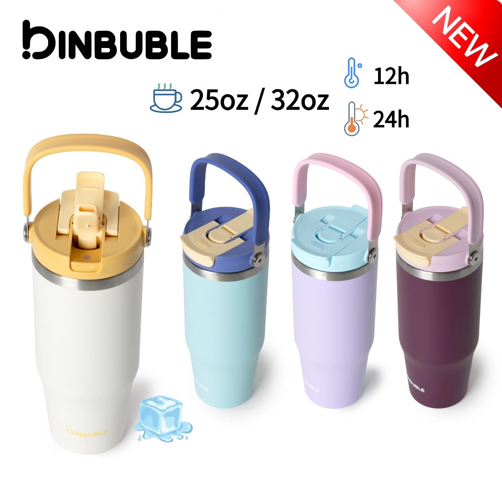 BinBuble แก้วสแตนเลส ถ้วยเก็บความร้อน ร้อนและเย็น การจับคู่สีโดพามีน ติดตั้งบนยานพาหนะได้ ความจุขนาดใหญ่ 750/1000ml