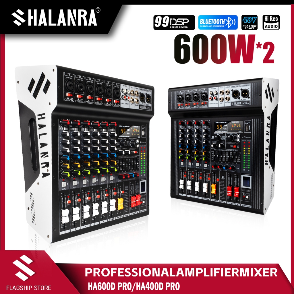 SHALANRA HA-600D PRO เพาเวอร์มิกเซอร์ 600W+600W มิกเซอร์ 6 ช่อง รองรับ Bluetooth/USB/mp3 เอฟเฟกต์ DS