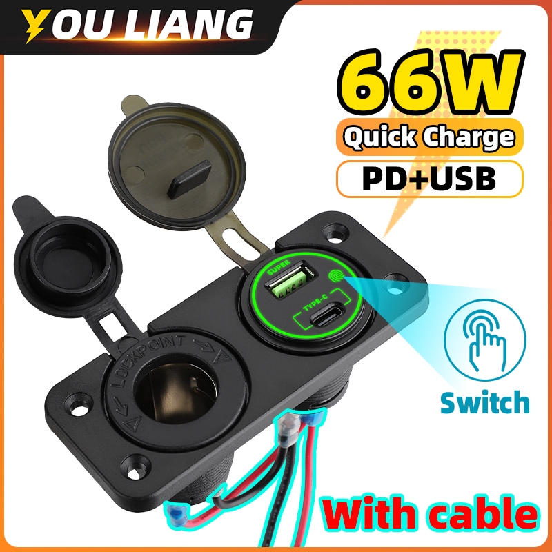 66w Super Charger ประเภท C & QC3.0 USB หน้าจอสัมผัสแผง 12V 24V ไฟแช็กซ็อกเก็ตสําหรับรถยนต์รถจักรยานยนต์เรือ Marine AT