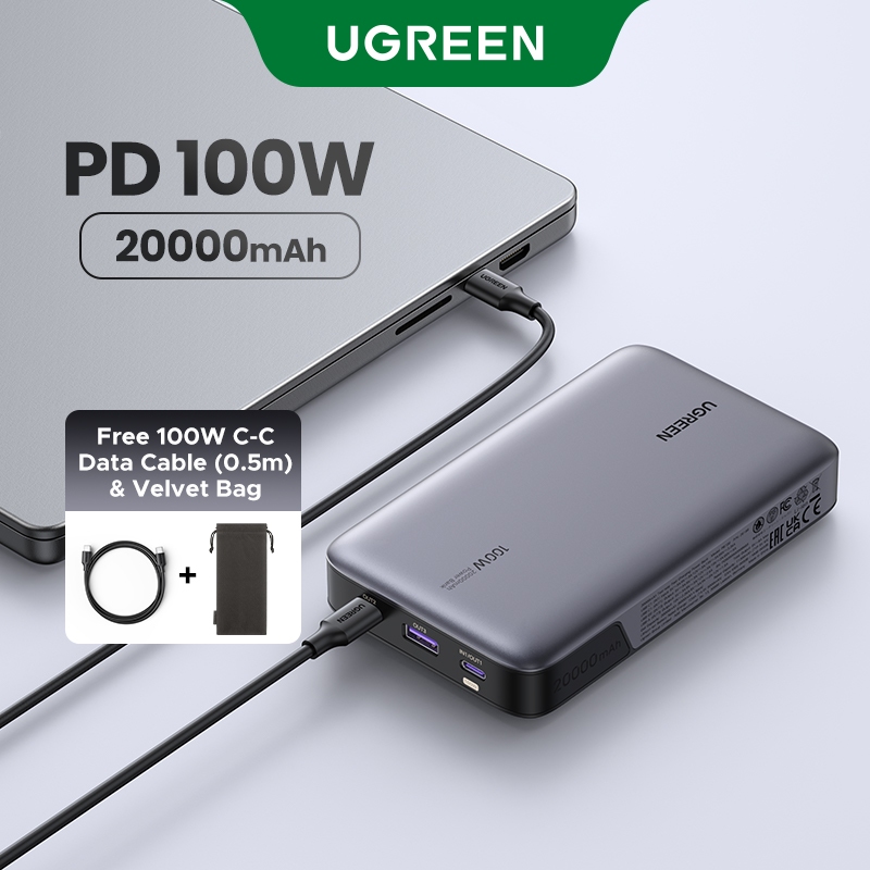 UGREEN 100W MAX 20000mAh พาวเวอร์แบงค์ PD ชาร์จเร็ว 3 พอร์ต USB C*2 USB A ฟรีสายชาร์จ แบตเตอรี่สำรอง