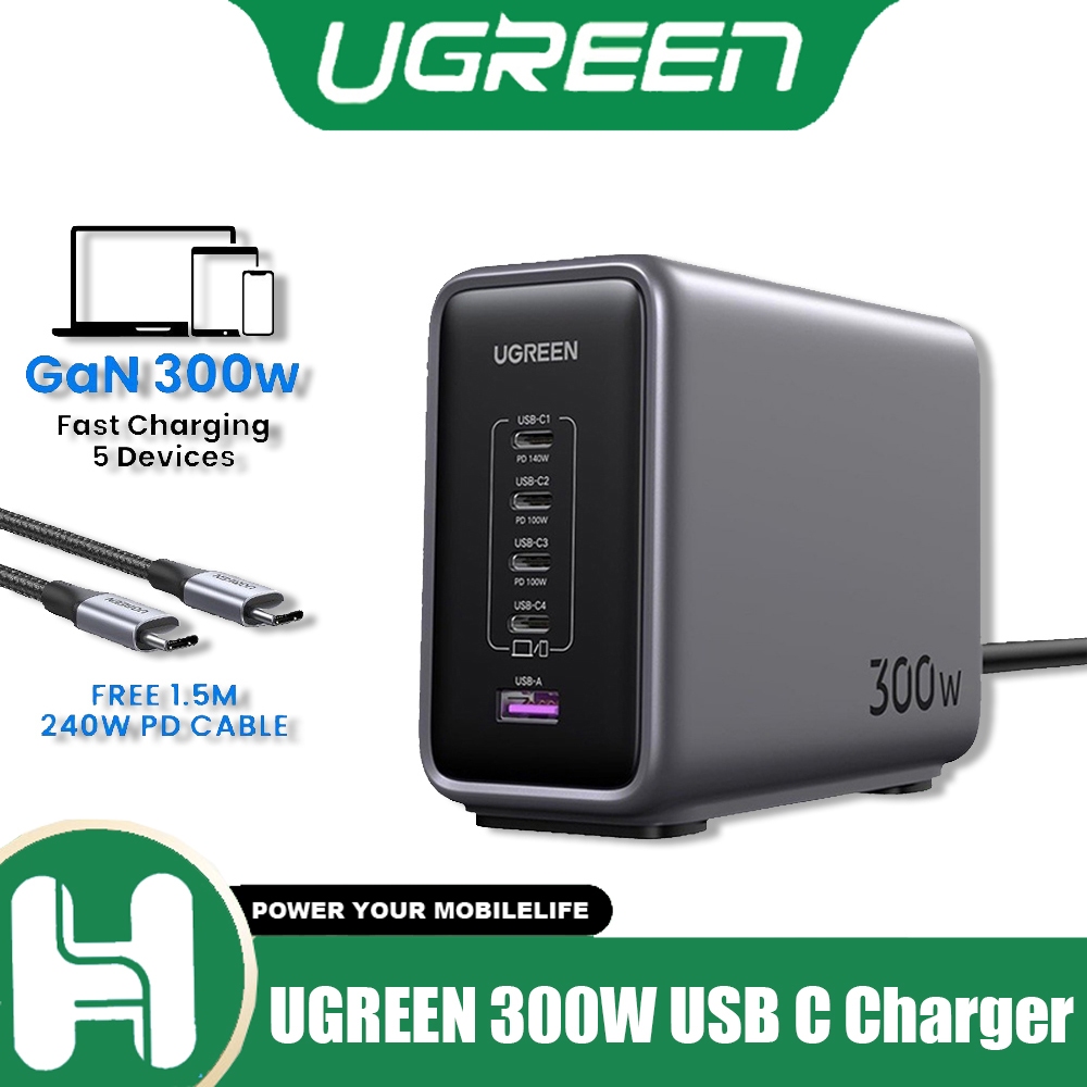 UGREEN เครื่องชาร์จ USB C 300W, การชาร์จพอร์ต Nexode GaN 5, เครื่องชาร์จด่วนพอร์ตเดียวสูงสุด 140W