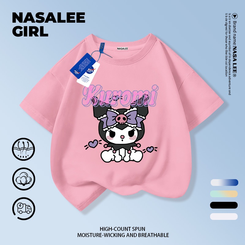 【ส่งของในวันเดียวกัน】เสื้อยืดแขนสั้นเด็ก NASA เนื้อฝ้ายสีชมพู ระบายอากาศดี ลายคูโรมิ (Kuromi) นุ่มน่าสัมผัส ใส่ได้ทั้งเด็กชาย-เด็กหญิง