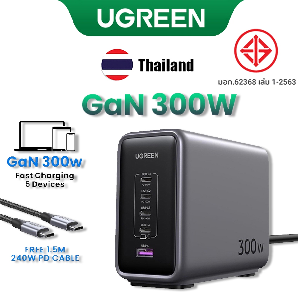 UGREEN เครื่องชาร์จ USB C 300W, การชาร์จพอร์ต Nexode GaN 5, เครื่องชาร์จด่วนพอร์ตเดียวสูงสุด 140W