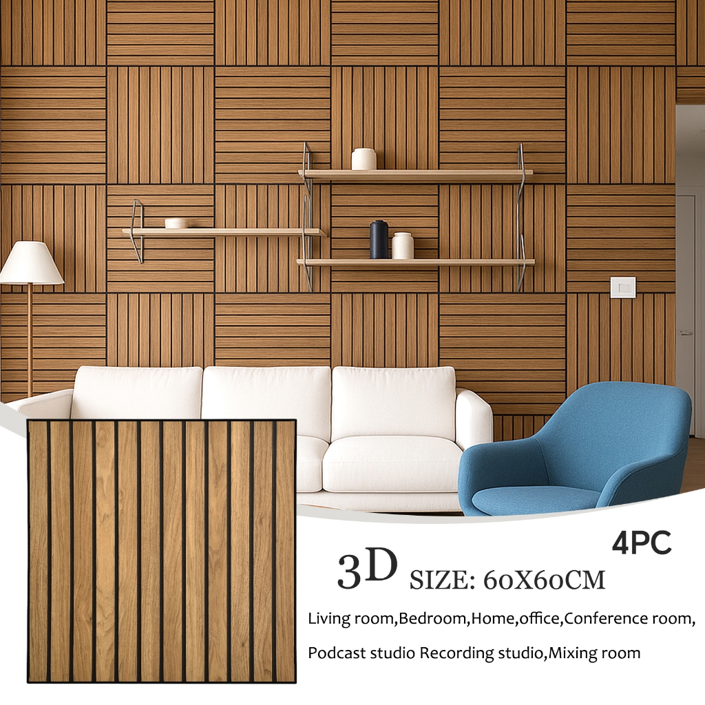 แผงอะคูสติกไม้ 4PC 60x60 ซม.ไม้วีเนียร์ PVC Soundproof แผงผนัง Self-กาวสําหรับสตูดิโอ,บ้านแผงดูดซับเสียง Harwood สไตล์吸音板