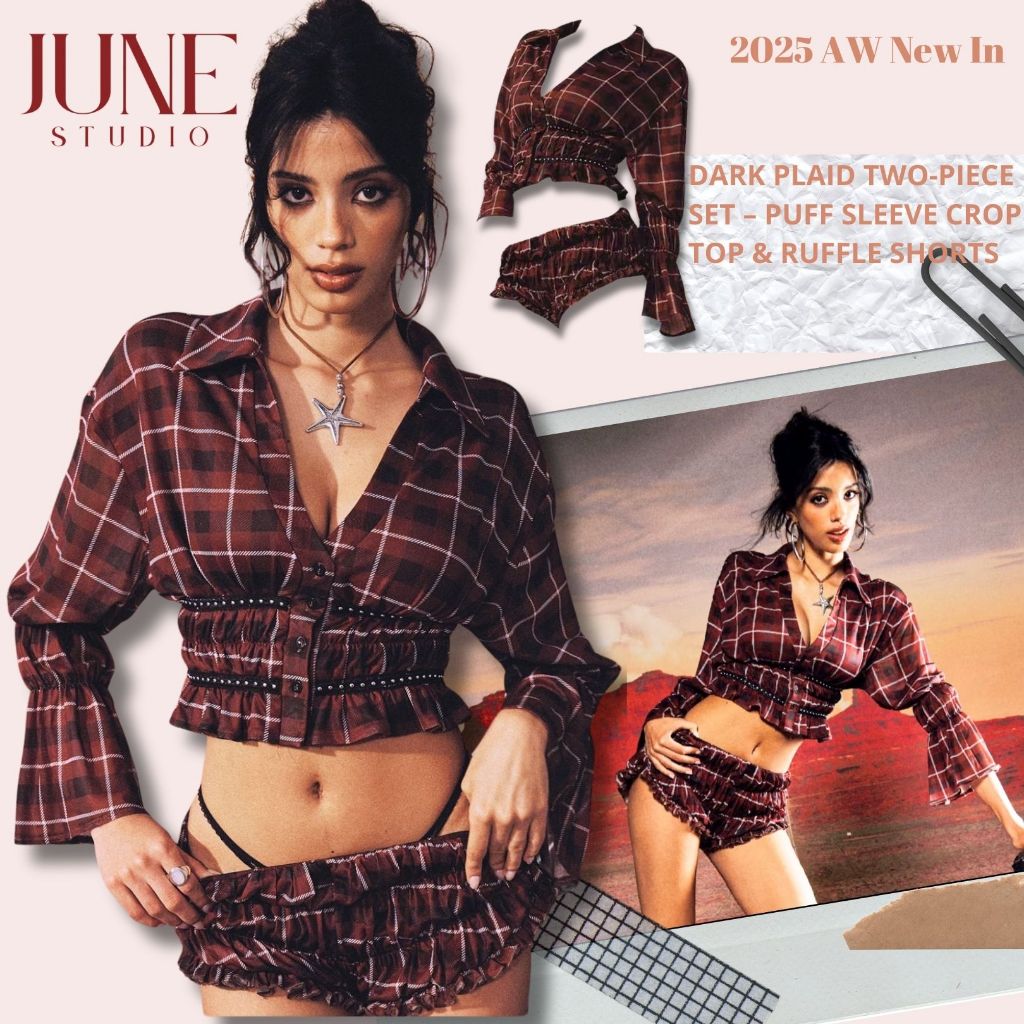 [June Studio] ชุดสูทแขนพัฟคอวีแบบเซ็กซี่ + กางเกงขาสั้นเอวสูง สองชิ้น พร้อมลายการออกแบบใหม่