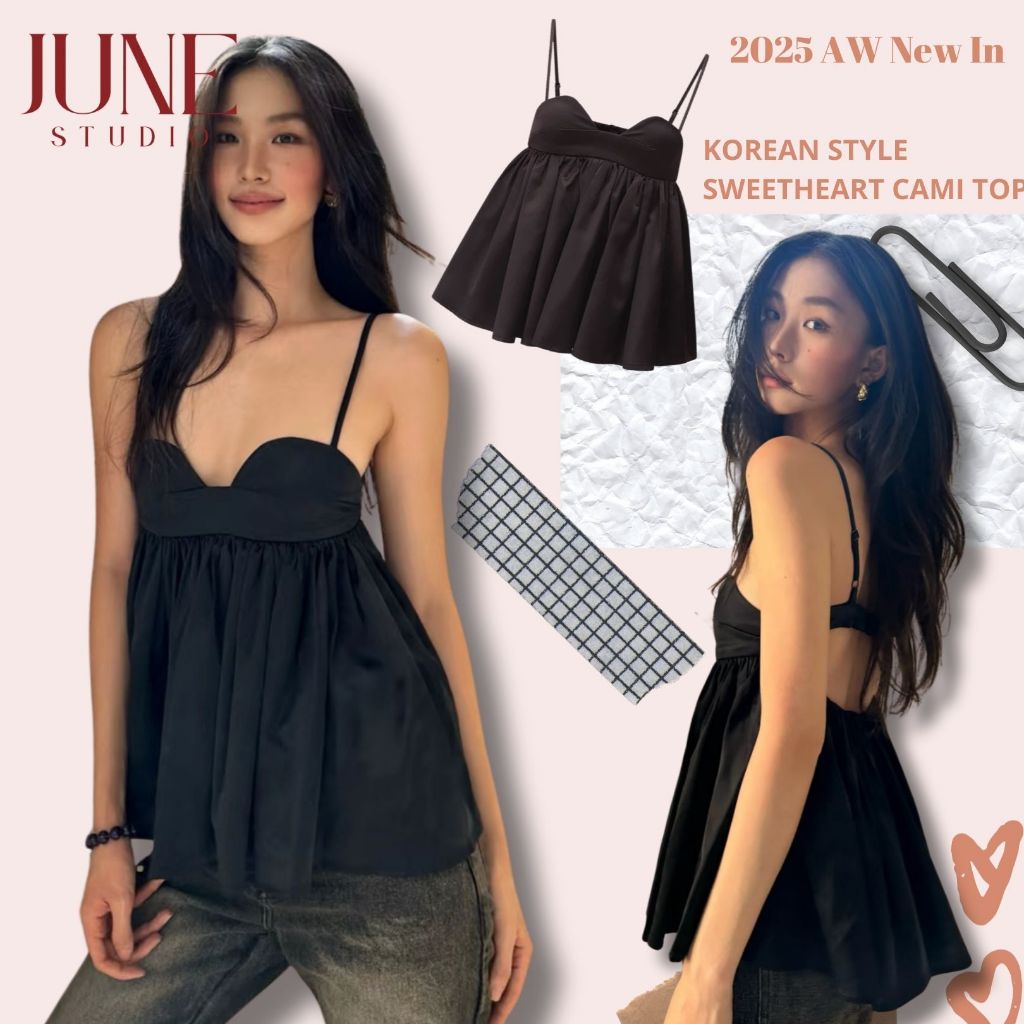 【Ready to ship】Black Niche Design Satin Tube Top Camisole Top Summer New Style Fluffy Sleeve Vest High-End Small Sexy Wear [June Studio]