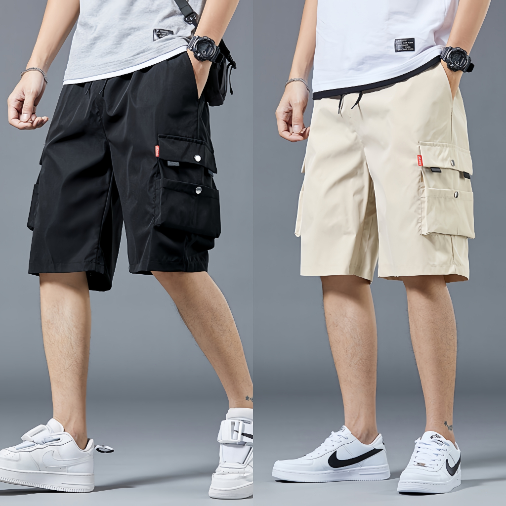 กางเกงขาสั้นผู้ชาย แฟชั่นซัมเมอร์ ขนาดใหญ่ มีเชือกผูกเอวแบบยืดหยุ่น ยาวถึงเข่า ด