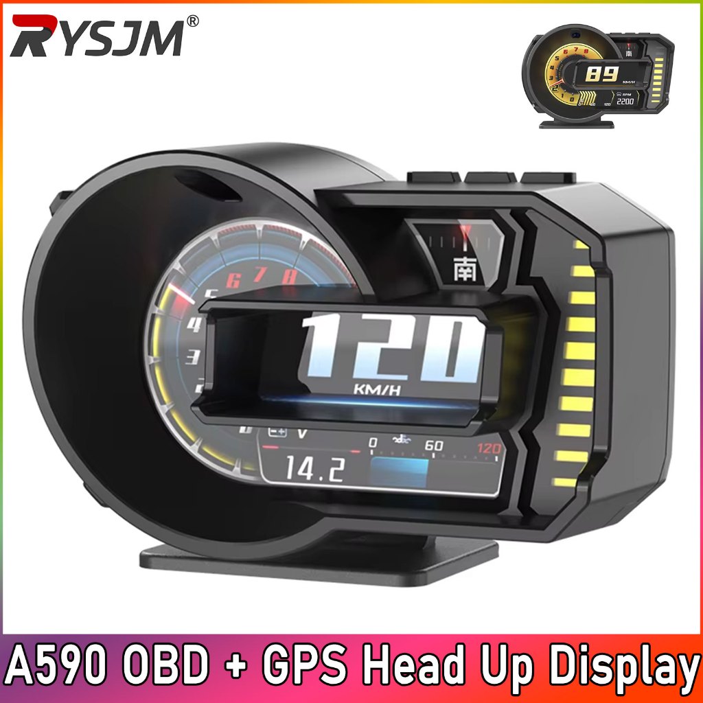 A590 รถ OBD GPS HUD เมตรดิจิตอล OBD2 เครื่องสแกนเนอร์นาฬิกาปลุกจอแสดงผล Speedometer Turbo ความดัน HU
