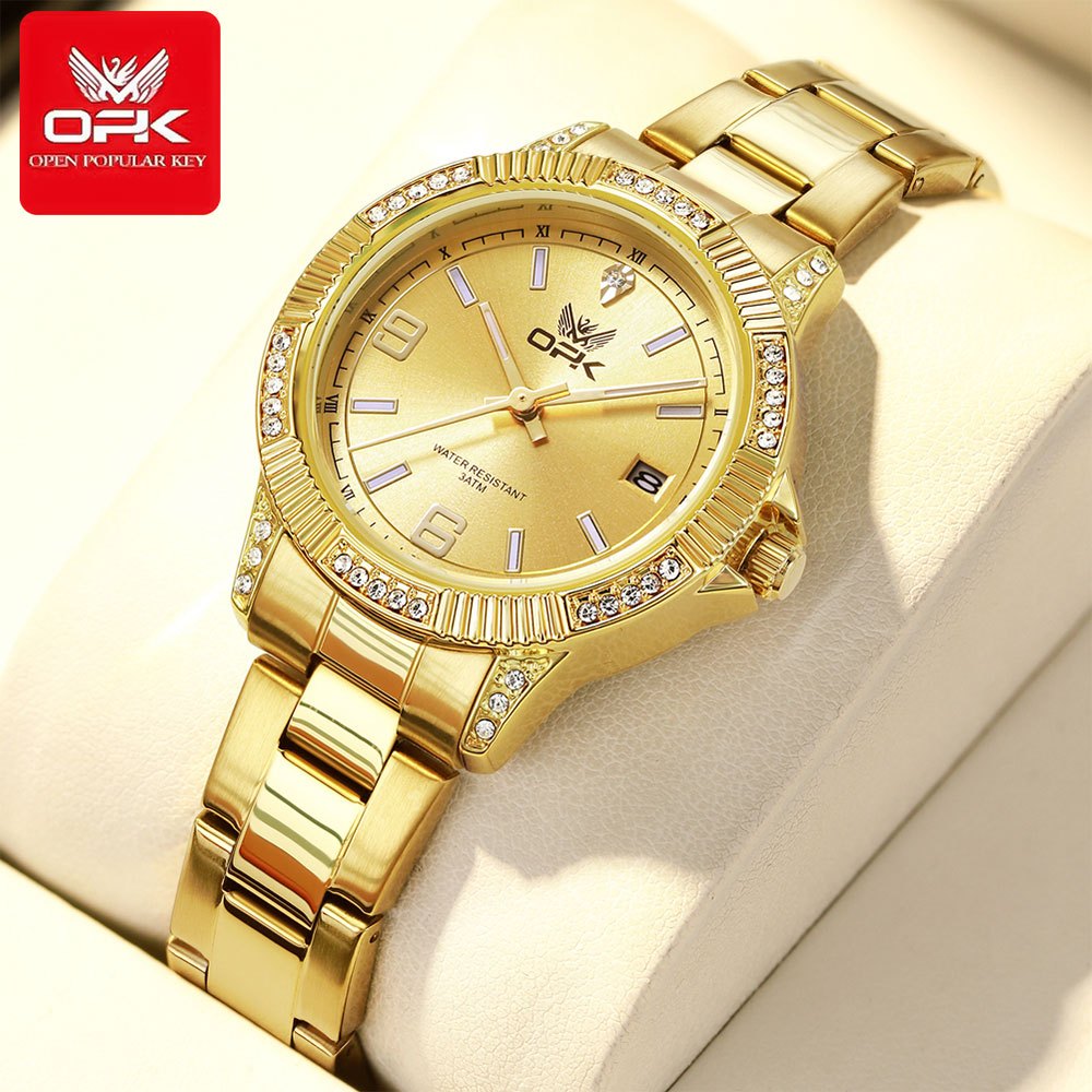 OPK นาฬิกาผู้หญิง Original กันน้ํา Luminous Chronograph Gold Diamond นาฬิกาหรูหราของขวัญ 8184
