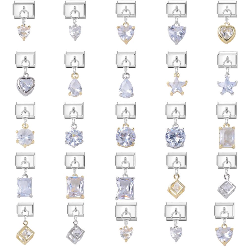 สร้อยข้อมือสแตนเลสสีขาวพร้อม charm ลูกบาศก์ rhinestone อิตาเลียนสไตล์ ขนาด 9 มม. DIY เครื่องประดับทำเอง