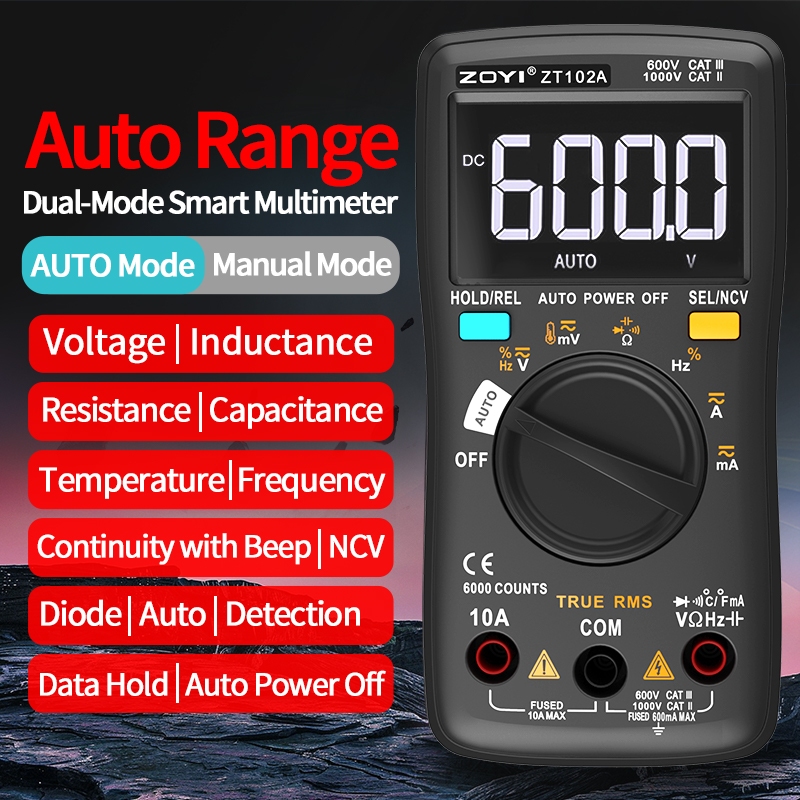 ZOYI ZT-102A ดิจิตอลมัลติมิเตอร์ 6000 นับ True RMS สองโหมดอัตโนมัติ / คู่มือ AC 550V ป้องกัน NCV