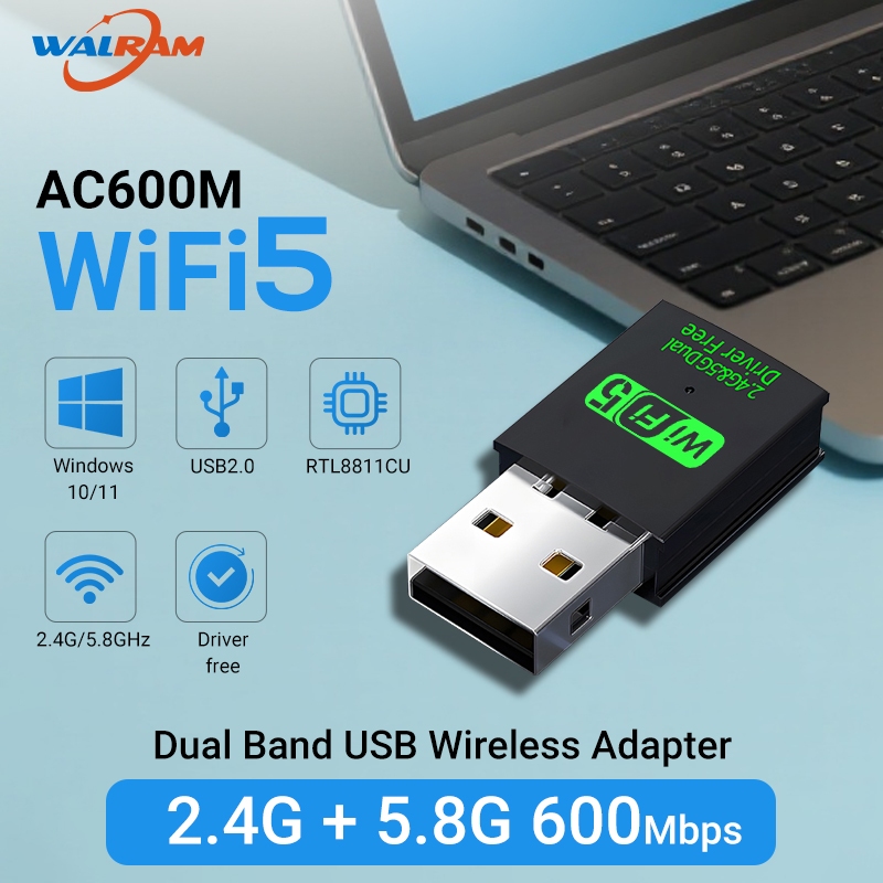 Walram 600Mbps Mini USB WiFi Adapter Realtek Driver ฟรีตัวรับสัญญาณ WiFi Dual-band 2.4G 5G การ์ดเครื