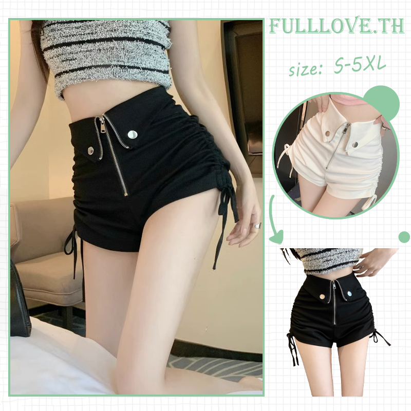 [จัดส่งจากไทย] Fulllove (S-5XL) ฤดูร้อนบวกขนาดยีนส์สีดำกางเกงขาสั้นผู้หญิงเอวสูง Drawstring A-Line ซิป
